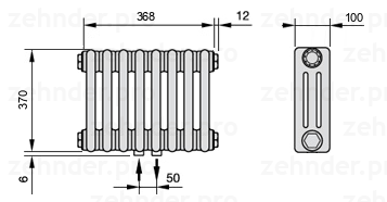 Схема (чертеж) Радиатор Zehnder Charleston 3037/8 №3470 Белый глянцевый RAL 9016